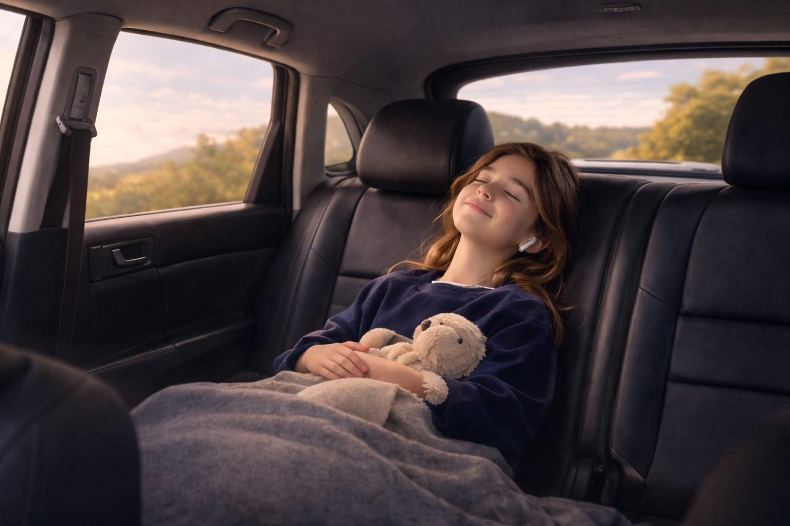 Passenger cozy and relaxed in the car using Nap Shade