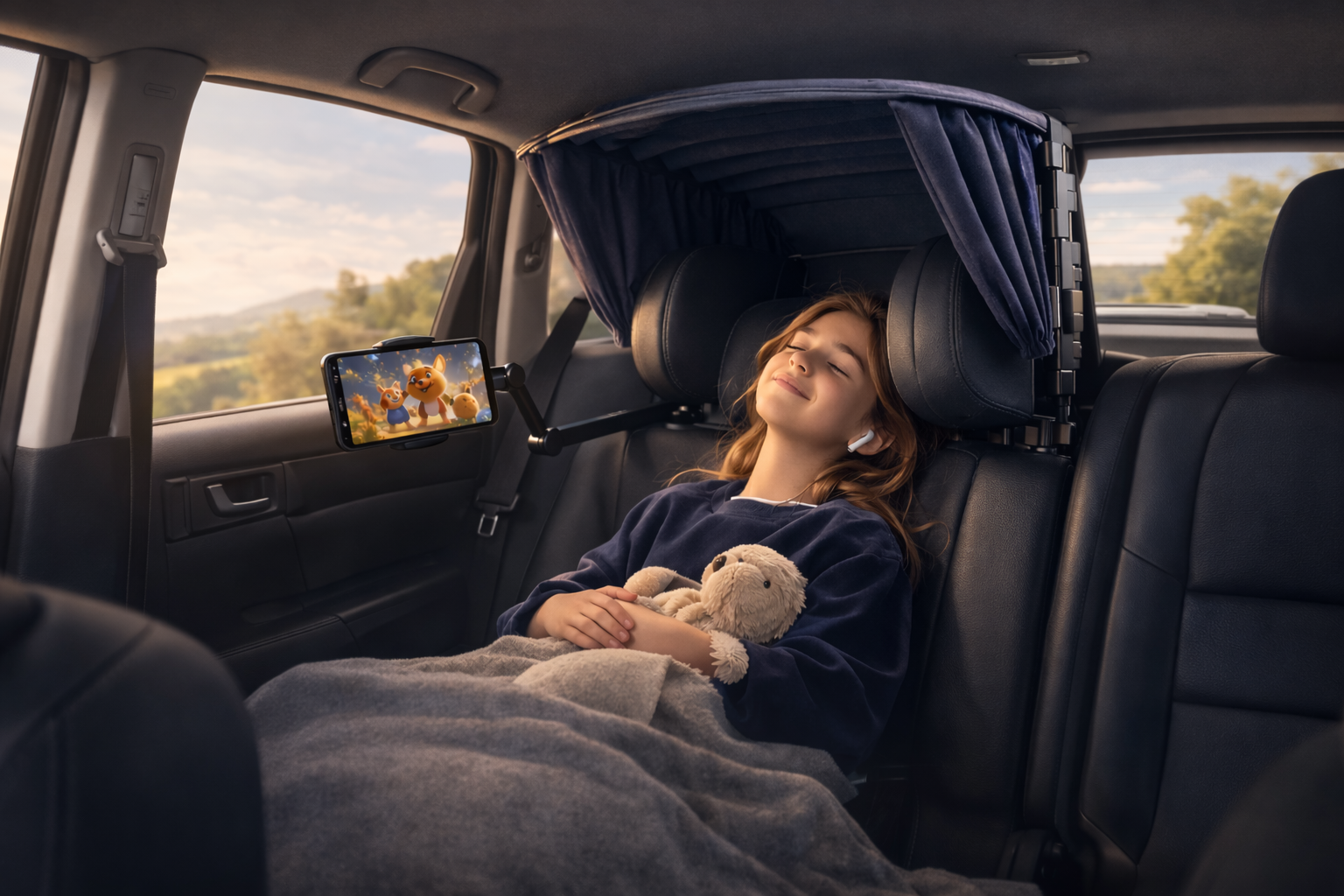 Nap Shade in use at dusk, passenger relaxing in a car interior